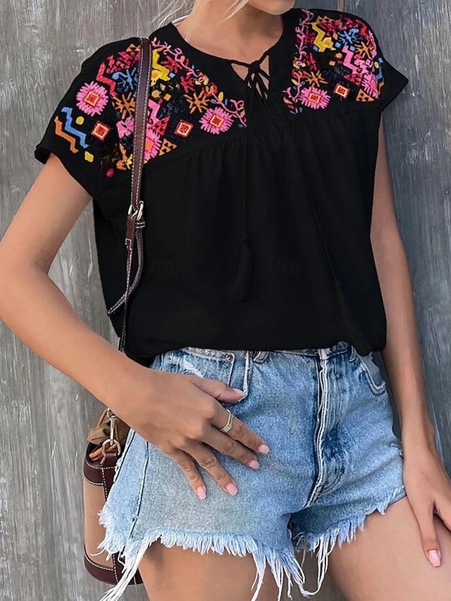  Women's Shirt Blouse Floral Casual Lace up Embroidered Black Short Sleeve Fashion Boho Round Neck Summer