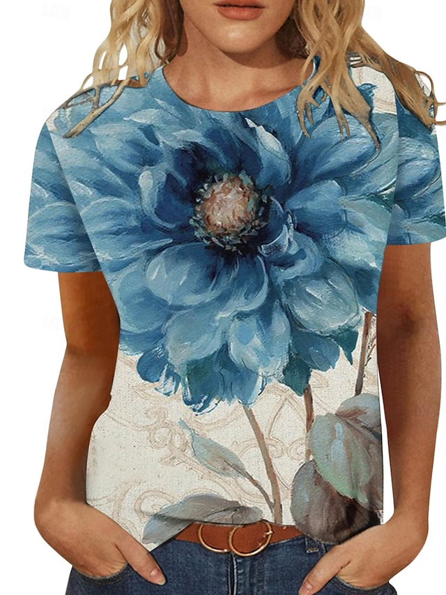  女性用 Tシャツ フラワー カジュアル 祝日 プリント ネービーブルー 半袖 ファッション ラウンドネック 夏