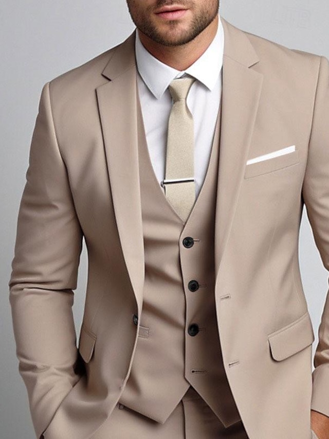  Khakifarbener Herren-Hochzeitsanzug, einfarbig, dreiteilig, für den täglichen Gebrauch, Übergröße, einreihig, zwei Knöpfe, 2024
