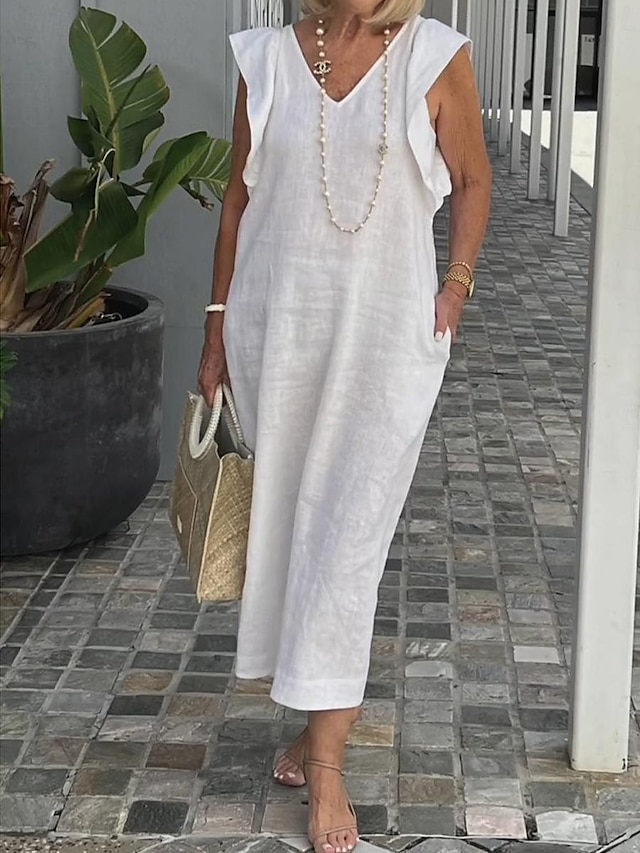  Γυναικεία Λευκό φόρεμα Φόρεμα από βαμβακερό λινό Φόρεμα για τον ήλιο Μακρύ φόρεμα Λινό Με Βολάν Τσέπη Καθημερινό Καθημερινά Λαιμόκοψη V Αμάνικο Καλοκαίρι Άνοιξη Μαύρο Λευκό Σκέτο