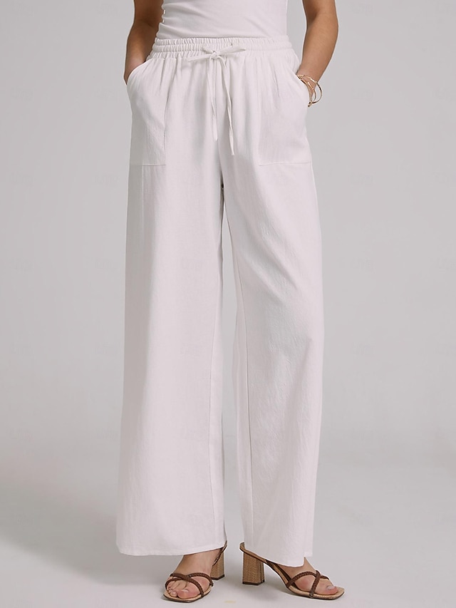 Women's Wide Leg Linen Pants Cotton Linen Side Pockets Wide Leg Baggy ...