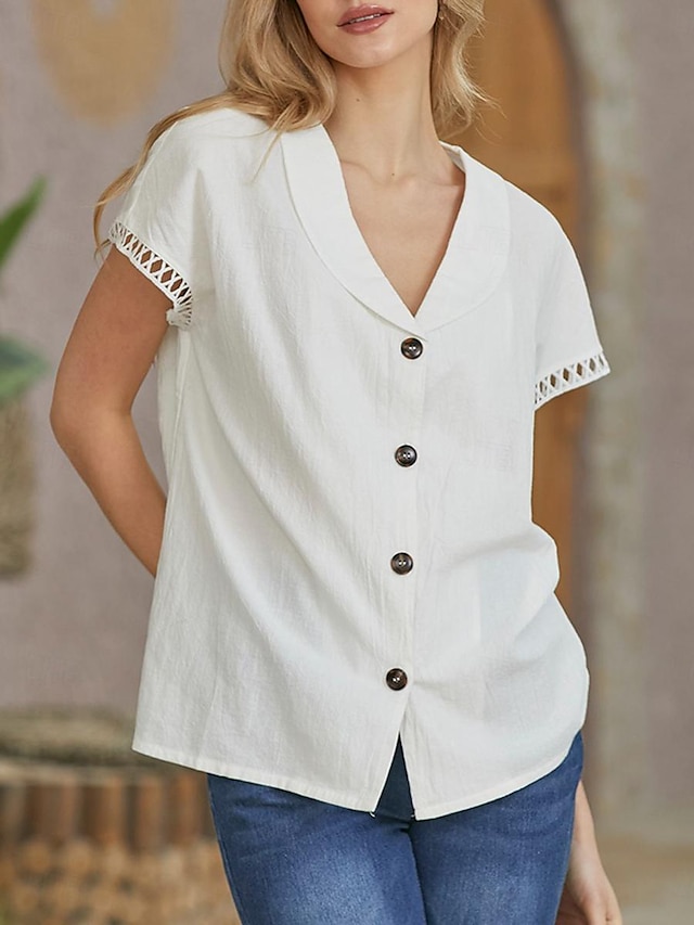  Damen Hemd Bluse Weiße Ötenoberteile Bettwäsche aus Baumwolle Taste Casual Täglich Vintage solide Kurzarm Hemdkragen Weiß Sommer Frühling
