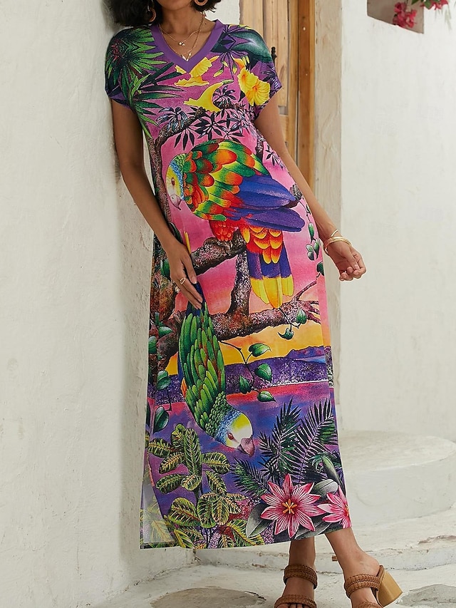  Damen Casual kleid Blumen Gespleisst Bedruckt V Ausschnitt kleid lang Hawaiianisch Urlaub Kurzarm Sommer