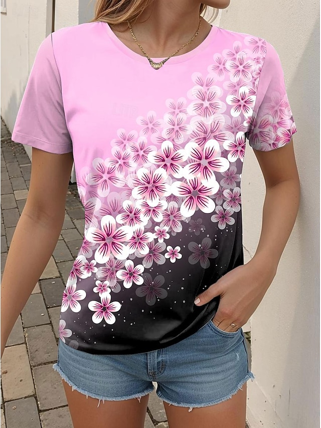  Damen T Shirt Blumen Bedruckt Casual Festtage Modisch Kurzarm Rundhalsausschnitt Rosa Sommer