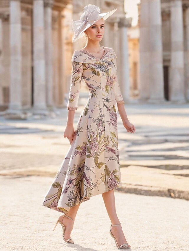 Robe d'invit?� de mariage trap?�ze, robe florale ?�l?�gante semi-formelle, vintage, col en V 