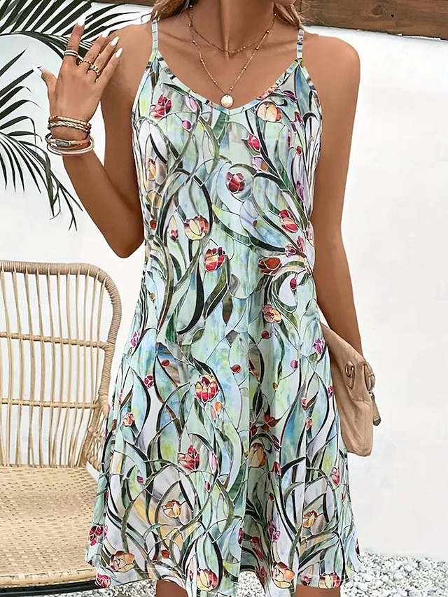  Women's Casual Dress Slip Dress Floral Leaf Print Strap Mini Dress Vacation Sleeveless Summer