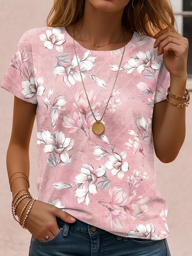  Mujer Camiseta Floral Casual Manga Corta Escote Redondo Tops regulares Diario Estampado Blanco Amarillo Rosa Morado Verano