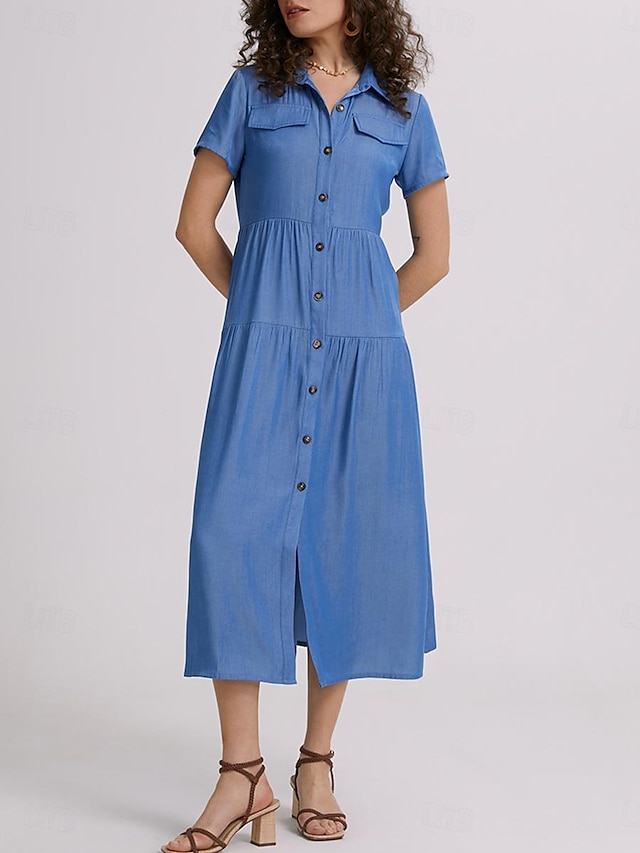  Women's Denim Shirt Dress Maxi long Dress Dark Blue Light Blue Short Sleeve Solid Color Pocket Button Spring Summer Shirt Collar Hot Casual Vintage 2023 S M L XL XXL 3XL / Loose