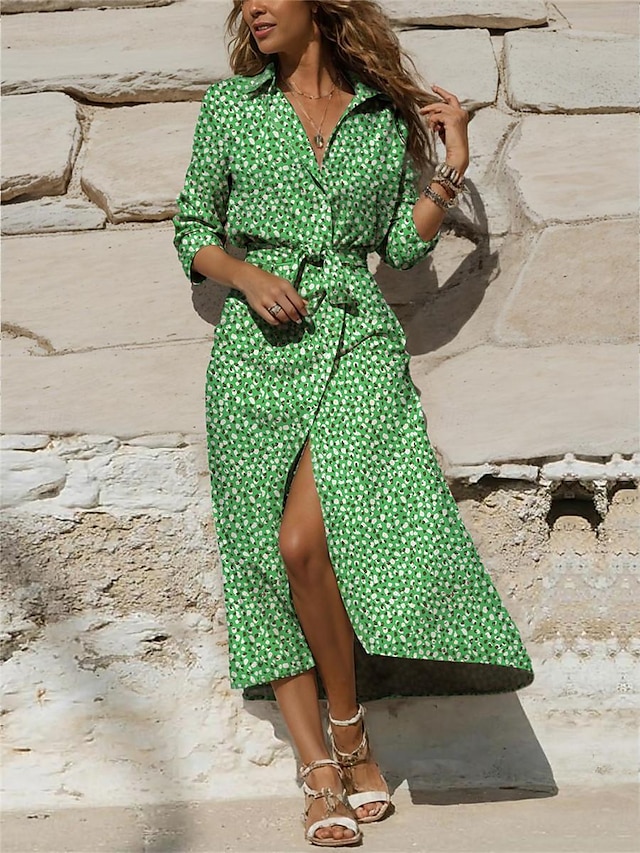  Mujer Vestido de Camisa Vestido informal Vestido verde Floral Estampado Cuello Camisero vestido largo vestido largo Vacaciones Manga Larga Verano Primavera