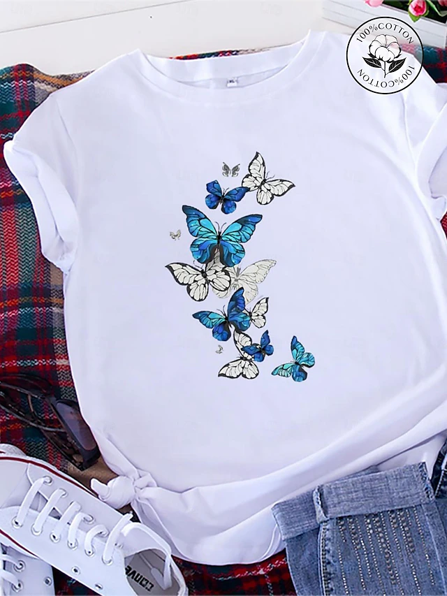 Women's T Shirt Butterfly Basic Short Sleeve T-shirt Sleeve Round Neck Regular Tops Home Daily Date Print Basic Black White Dark Pink Blue Summer 22