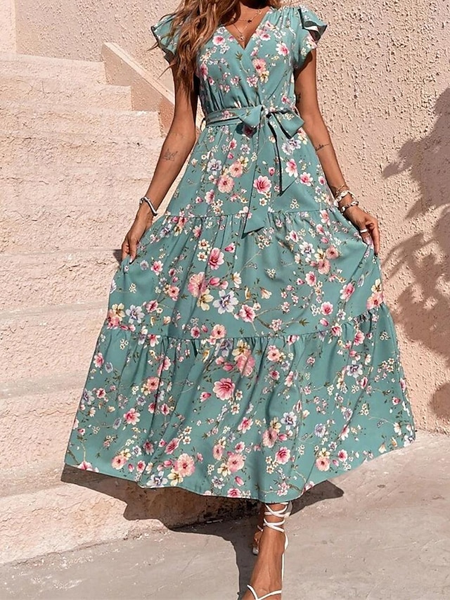  Női hétköznapi ruha Swing ruha Virágos Fűzős Nyomtatott V-alakú Hosszú ruha Maxi ruha Utcai sikk Maxi Utca Szabadság Rövid ujjú Nyár