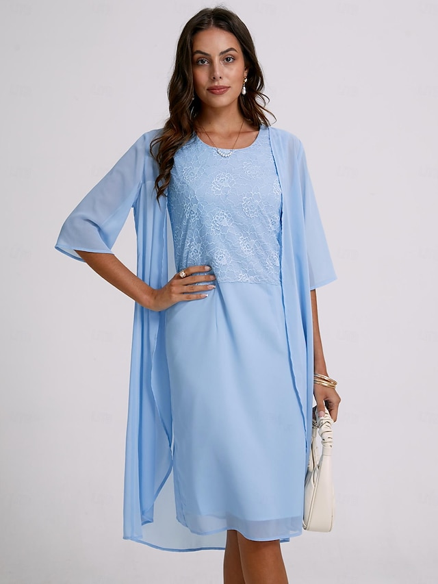 Women's Two Piece Dress Set Casual Lace Dress Midi Chiffon Dress Blue ...