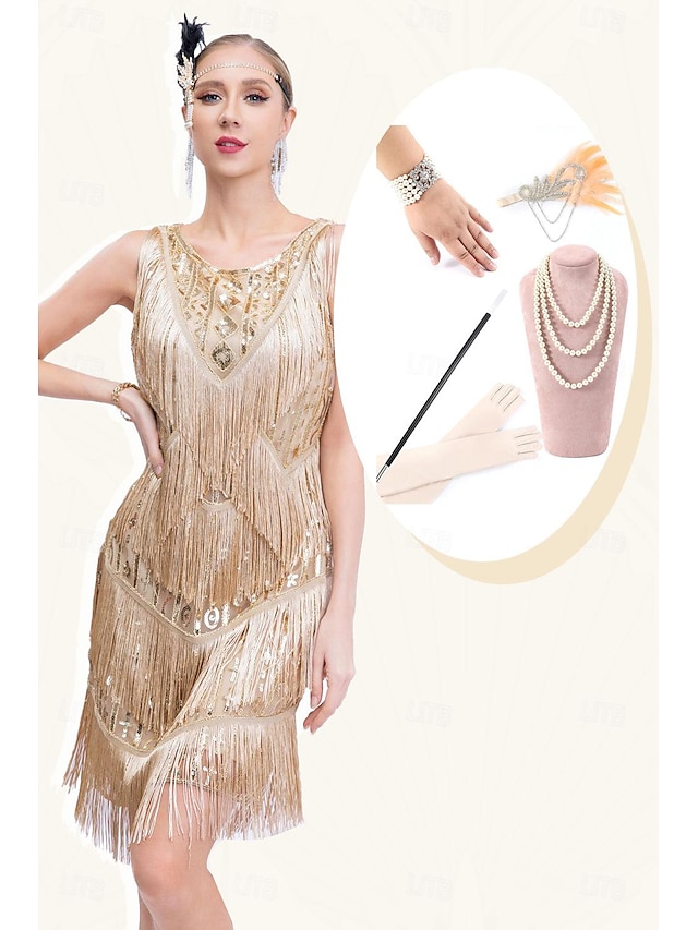  Retró Ordító 20-as évek 1920-as évek Flapper ruha Felszerelések Koktélruha A nagy Gatsby Flapper lány Esküvői Vendég Flitter Női Esküvő Esküvői vendég Buli / Este Felnőttek 1 Karkötő Ruha Kesztyűk