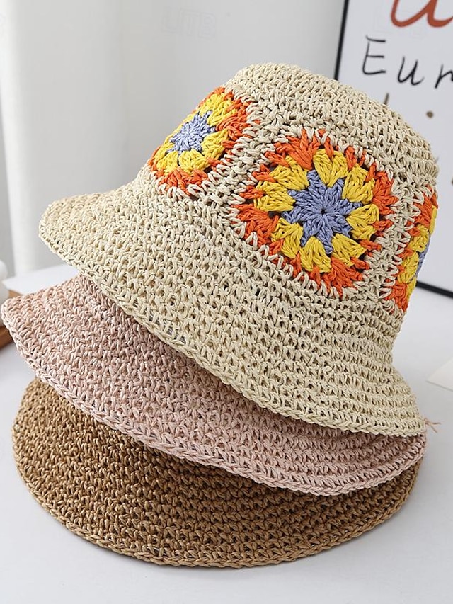  カラフルなかぎ針編みストローバケットハットヴィンテージフラワーカラーブロック太陽の帽子ファッション折りたたみ旅行ビーチ帽子女性女の子のための