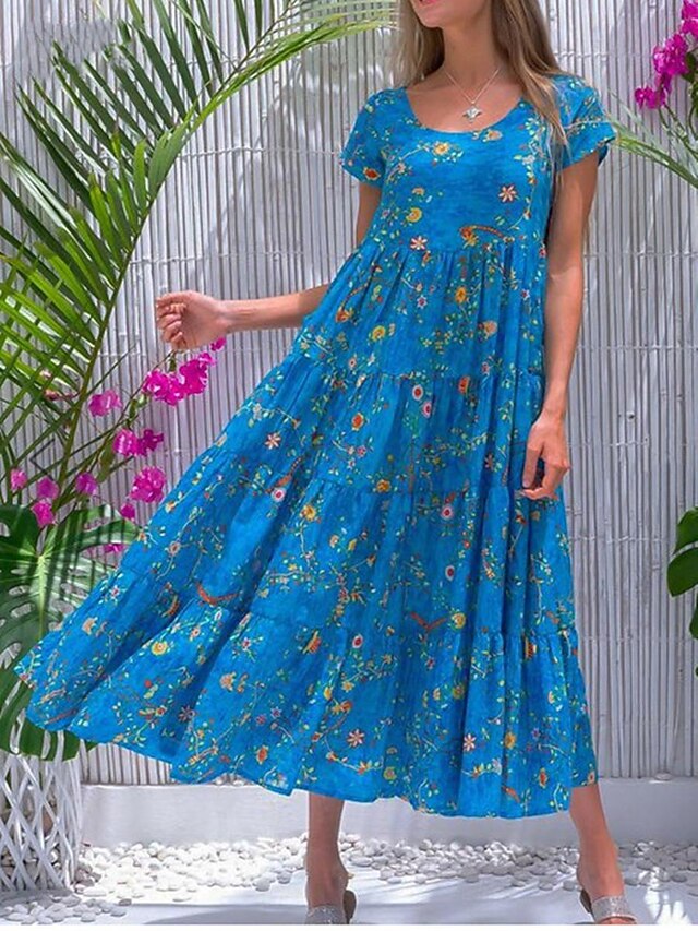 Women's Swing Dress Tiered Dress Floral Ditsy Floral Print Crew Neck Long Dress Maxi Dress Tropical Boho Home Holiday Short Sleeve Regular Fit Wine Blue Green Summer Fall S M L XL 2XL 7
