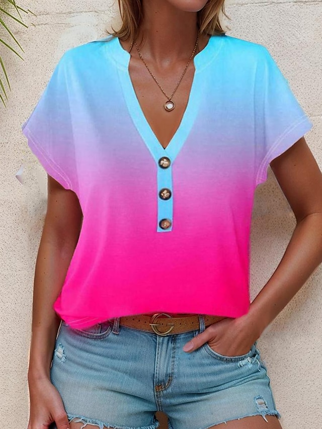  Damen T Shirt Farbverlauf Farbverläufe Urlaub Bedruckt Gelb Kurzarm Stilvoll V Ausschnitt Sommer