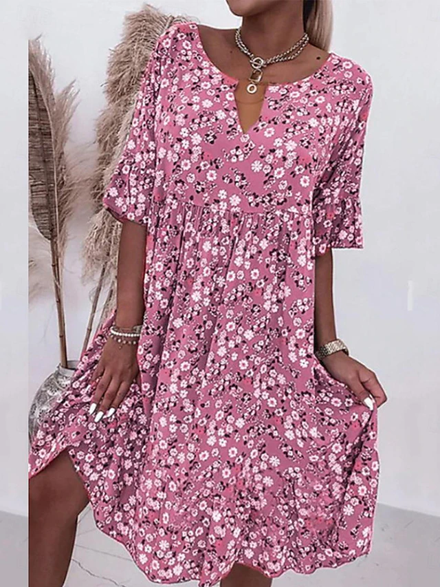 Women's Casual Dress V-Neck Short Sleeve Pink White Floral Print Empire Waist Spring Summer Versatile Daily Beach Picnic Flowy Comfortable Fabric Sizes Available4