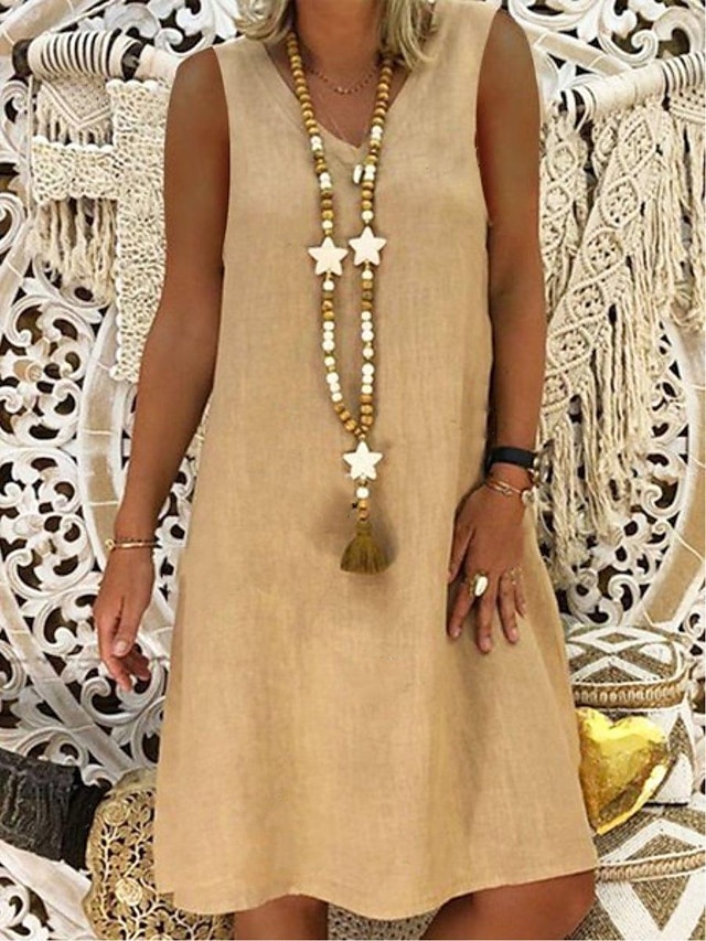  Γυναικεία Καθημερινό φόρεμα Φόρεμα από βαμβακερό λινό Αμάνικο φόρεμα Μίντι φόρεμα Βασικό Βασικό Καθημερινά Λαιμόκοψη V Αμάνικο Καλοκαίρι Άνοιξη Μαύρο Κίτρινο Σκέτο