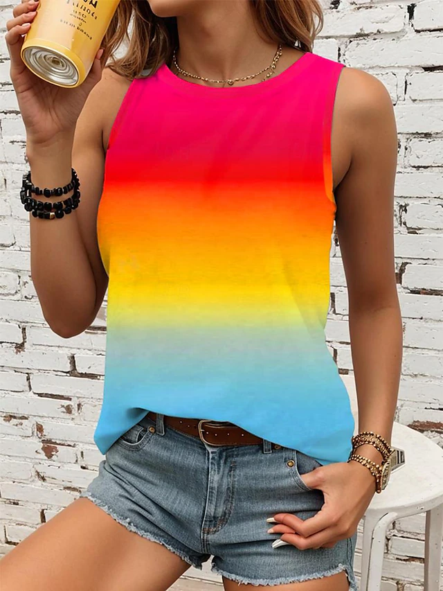 Women's Camisole Tank Top Vest Stylish Ombre Print Sleeveless Regular Tops Crew Neck Vacation Casual Pink Sky Blue Khaki Rainbow Summer 9