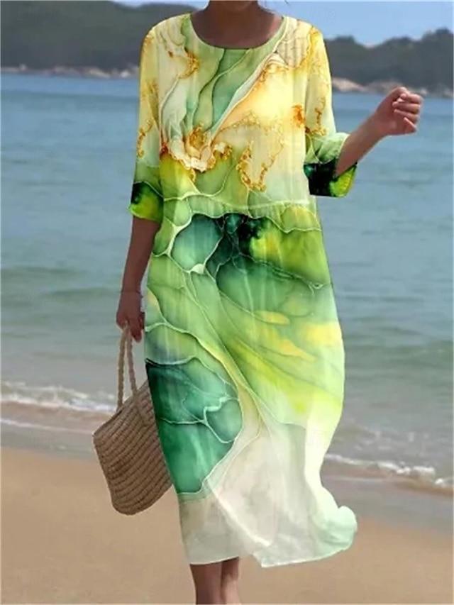  Mulheres Vestidos Para o Verão Gráfico Imprimir Gola Redonda Vestido midi Boêmia Encontro Praia Manga Curta Verão Primavera
