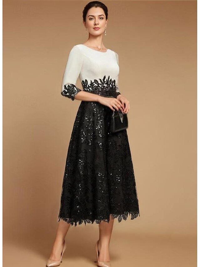 A Line Metallic Stand Collar with V-Neck Half Sleeve Tea Length Mother of the Bride Dresses