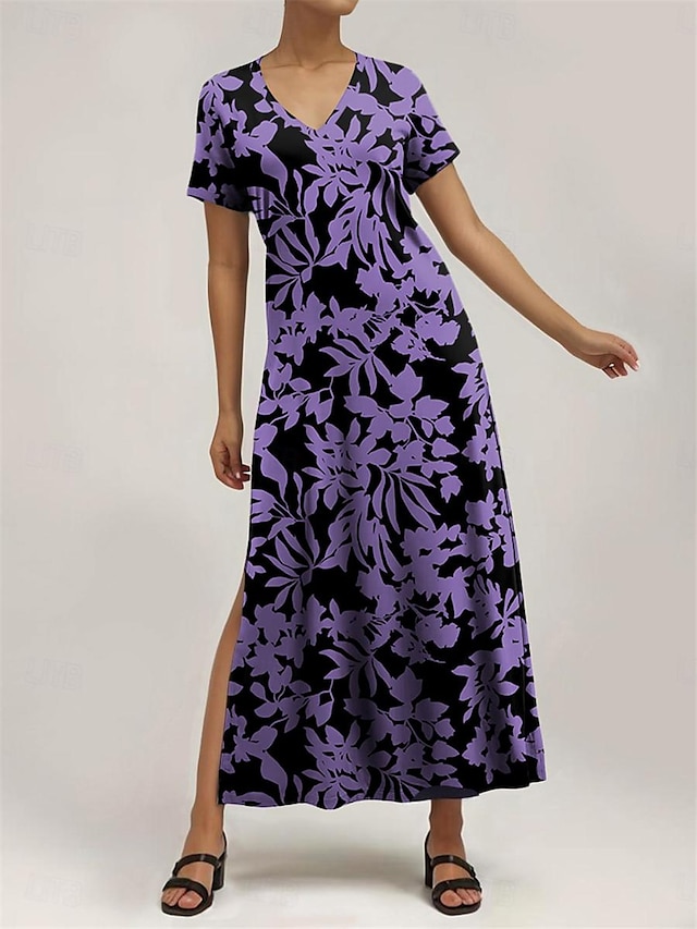  Γυναικεία Καθημερινό φόρεμα Φλοράλ Στάμπα Λαιμόκοψη V Μακρύ Φόρεμα Μάξι Φόρεμα Στυλάτο Διακοπές Κοντομάνικο Καλοκαίρι