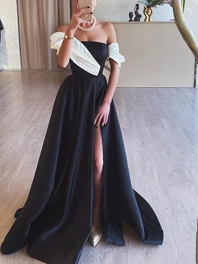  A-Line Evening Gown Elegant Dress Formal Prom Floor Length Sleeveless Off Shoulder Satin with Ruched Slit 2024
