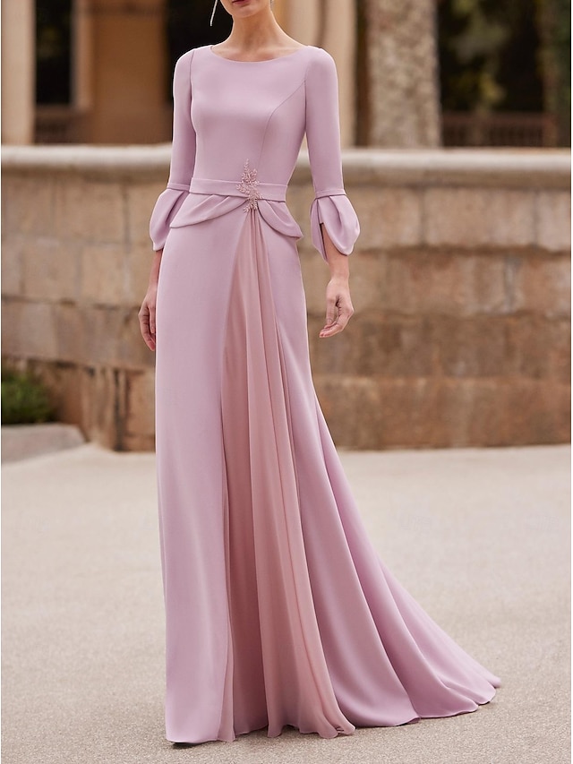 lyserød havfrue / trompet brudens mor kjole elegant gulvlang chiffon crepe 3/4 længde ærme med krystal 2024