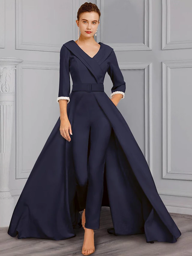 Jumpsuit Mother of the Bride Tuxedo Formal Wedding Guest Elegant detachable V Neck Floor Length Satin 3/4 Length Sleeve with Pearls 5