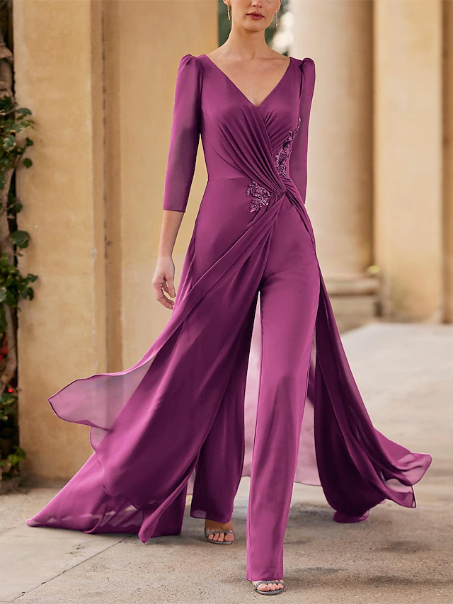 Jumpsuit Mother of the Bride Formal Wedding Guest Elegant Straight Neckline V Neck Floor Length Chiffon 3/4 Length Sleeve with Ruched Cascading Ruffles 7