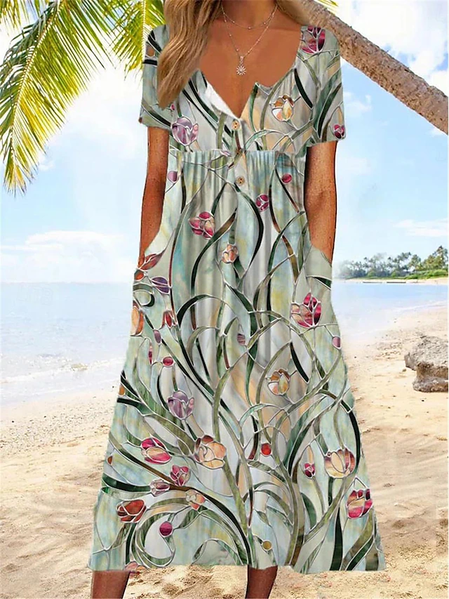 Women's Midi Dress V-Neck Floral Print Short Sleeve A-Line Comfort Blue Beach Party Spring Summer Fashion Clothing Apparel 9