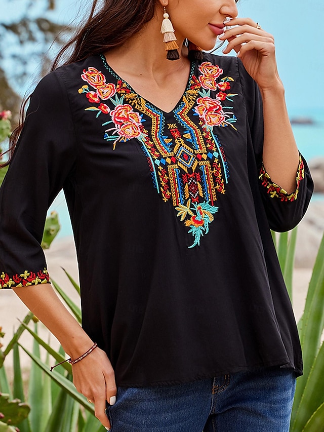  Women's Summer Tops Blouse Embroidered Black Half Sleeve Vintage Bohemian Style Casual V Neck Summer Spring