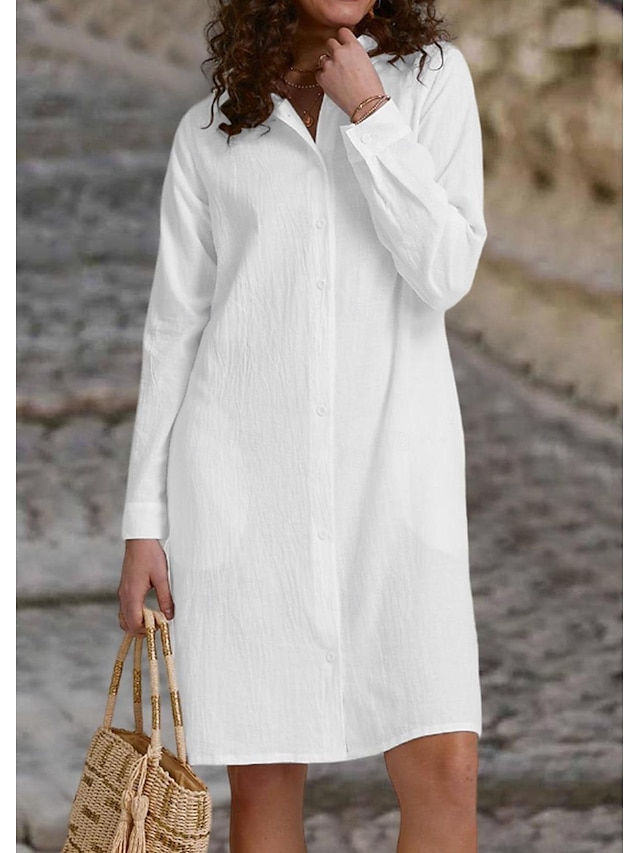  Mujer Vestido de Camisa Vestido Midi Sabana de algodon Abotonar Botón Sólido Diario Cuello Camisero Media Manga Verano Primavera Otoño Negro Blanco