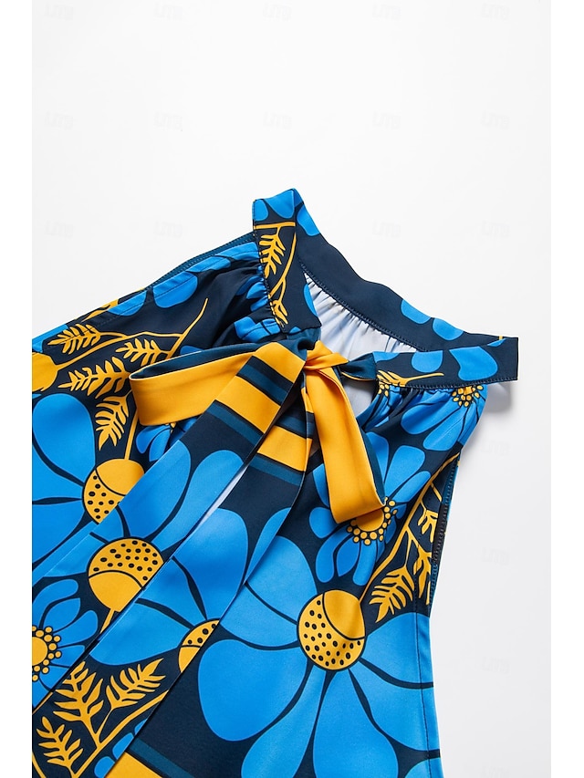  Per donna Geometrico Fiore / Piante Da mare Fine settimana Senza maniche Blu Increspato Legare indietro / Legare davanti Senza maniche Blouse Allacciato al collo Estate