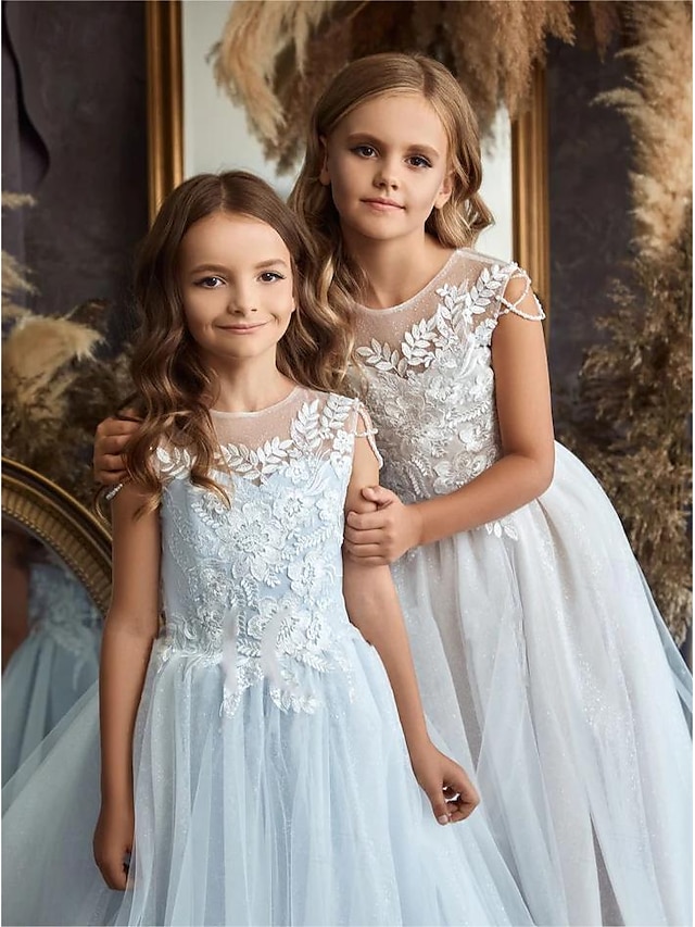  Ball Gown Floor Length Flower Girl Dress First Communion Girls Cute Prom Dress Lace with Appliques Open Back Boho Fit 3-16 Years