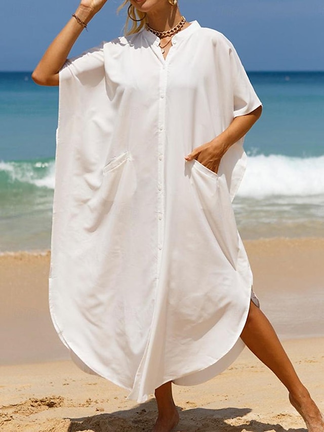  Damen Weißes Kleid blusenkleid Casual kleid kleid lang Patchwork Tasche Verabredung Urlaub Strassenmode Maxi Ständer Kurzarm Schwarz Weiß Farbe
