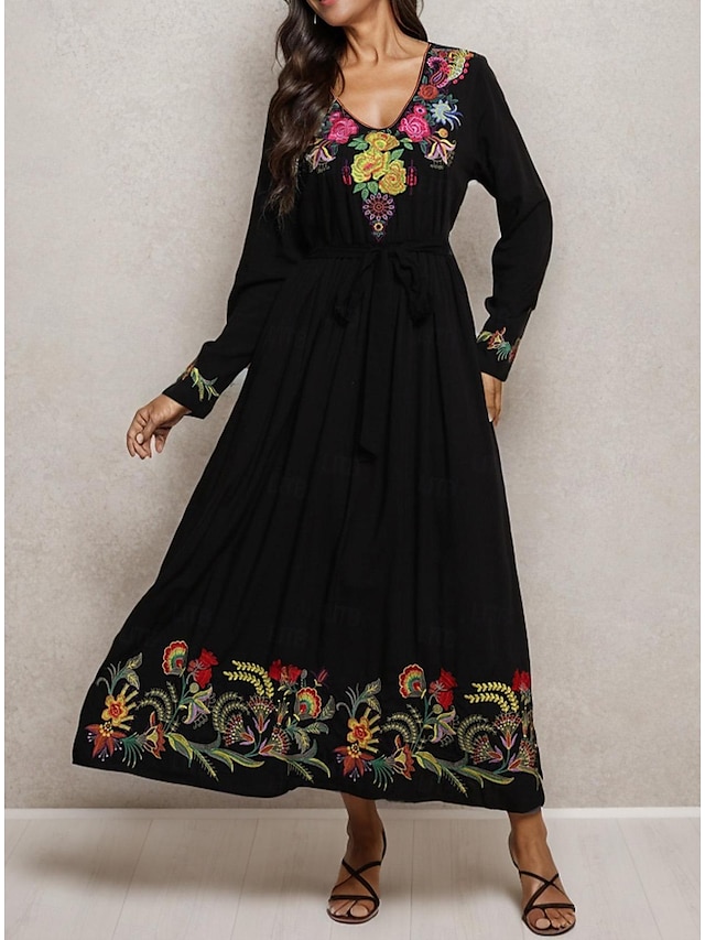  Robe noire à fleurs pour femmes, vintage, brodée, col en v, maxi, style bohémien, coupe trapèze, manches longues, coupe ample, été, printemps