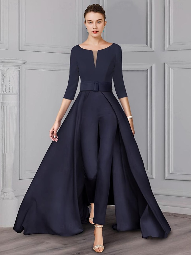  Two Piece Jumpsuit With Detachable Overskirts Mother of the Bride Dress Elegant V Neck Floor Length Satin 3/4 Length Sleeve with Sash / Ribbon 2024