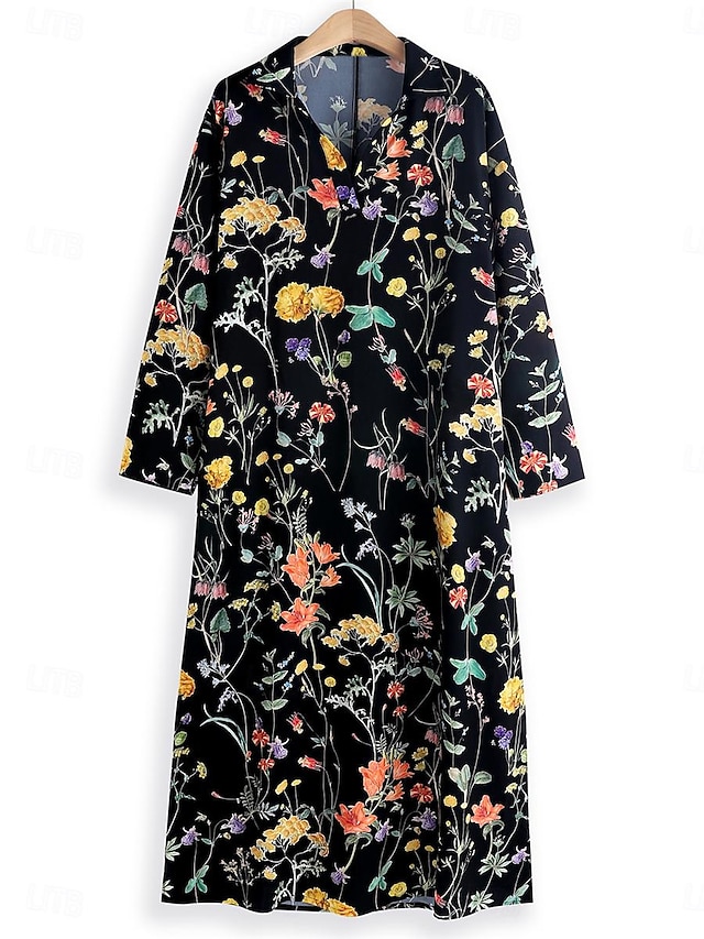  Vestido casual feminino vestido de verão floral estampado decote em v dividido hemmáxi vestido data férias manga longa verão primavera