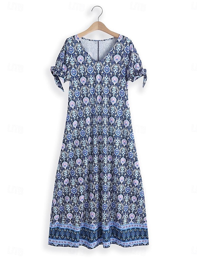  Women's Casual Dress Floral Print V Neck Midi Dress Vintage Ethnic Date Vacation Short Sleeve Summer Spring