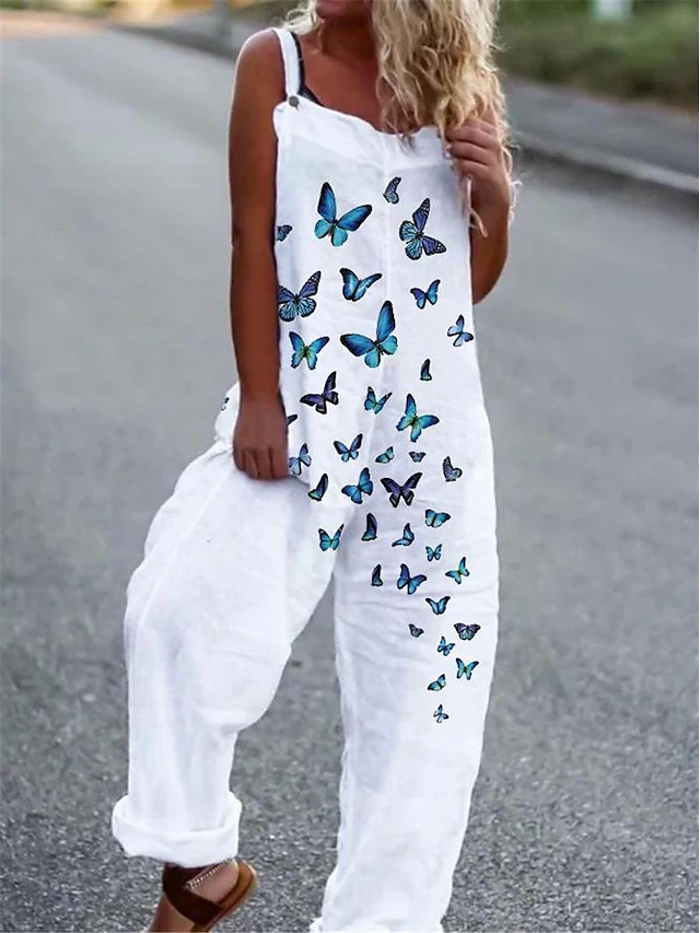 Women's Jumpsuit Dungarees Sleeveless Butterfly Print Top White Pants Casual Comfortable Adjustable Strap Straight-Leg Summer Fashion Clothing Apparel 6
