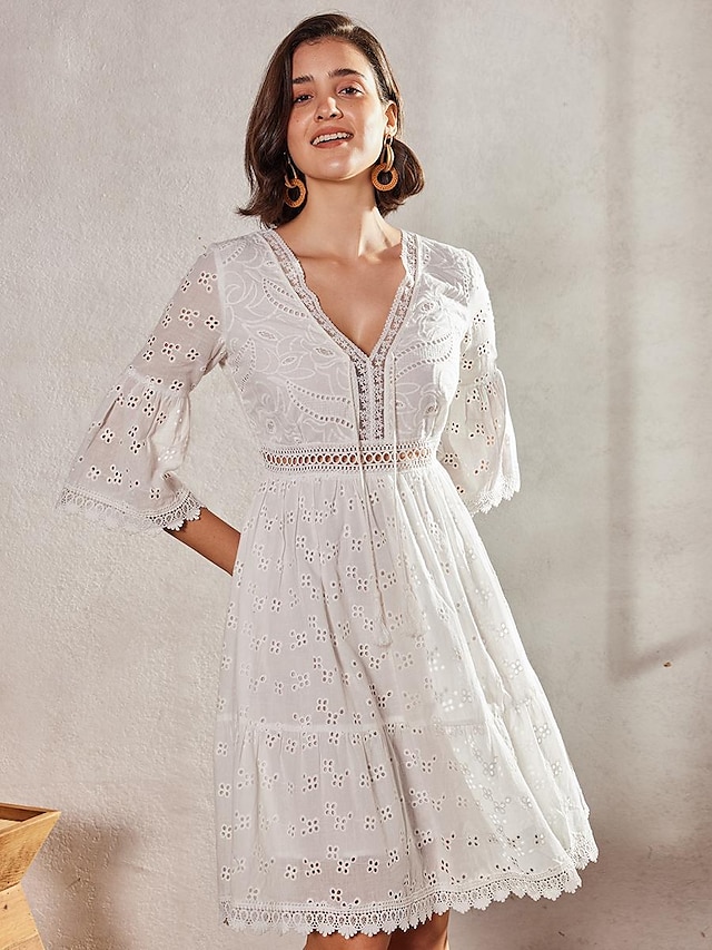  Women‘s Party Dress Casual Dress Lace Dress Mini Dress White Beige 3/4 Length Sleeve Embroidery Ruched Summer Spring Fall V Neck Fashion Wedding Summer Dress