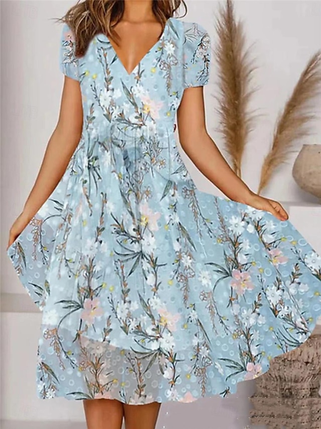  Damen Casual kleid A Linie Kleid Blumen Bedruckt V Ausschnitt Midikleid Urlaub Kurzarm Sommer