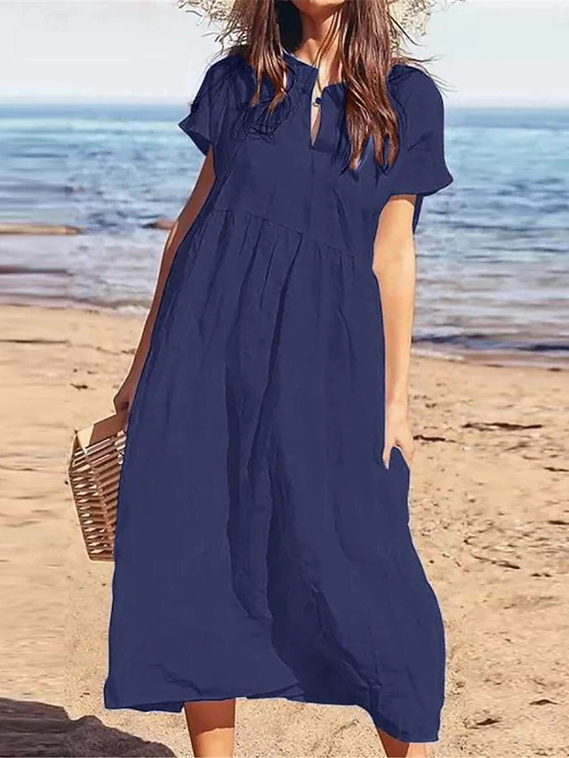 Women's Black Wine Navy Blue Summer Spring Maxi Dress Cotton Linen Dresses Casual Dress Cotton Summer Dress Basic Modern Daily Weekend Loose Fit Plain Crew Neck 7