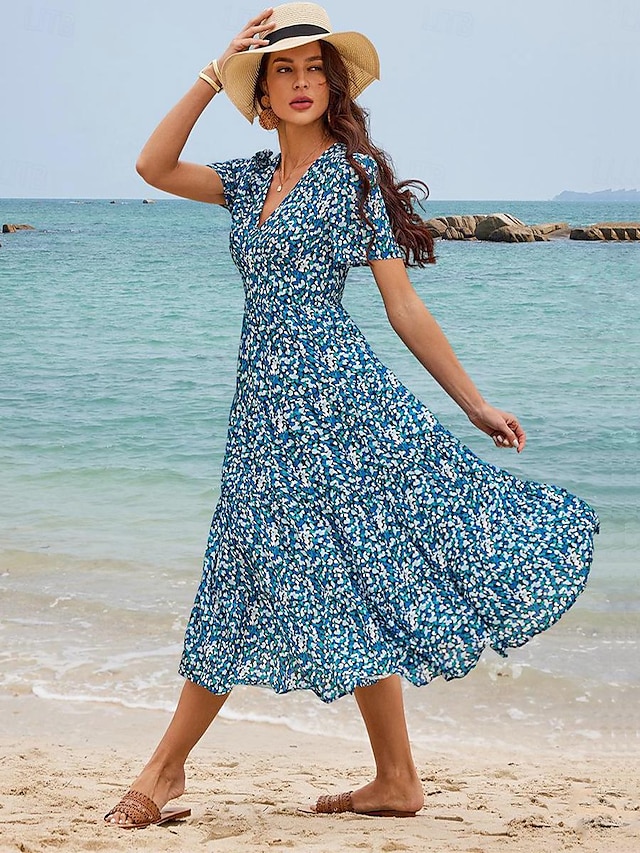  Damen Chiffon A Linie Kleid Ditsy Blumig Gestuft V Ausschnitt Maxidress Hawaiianisch Stilvoll Urlaub Kurzarm Sommer