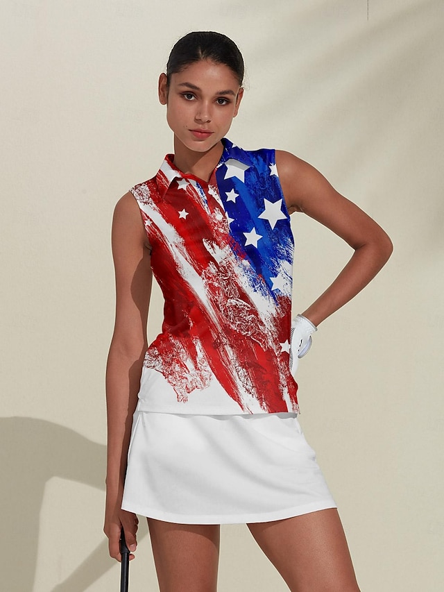  Women's Golf Polo Shirt Red Sleeveless Sun Protection Top Ladies Golf Attire Clothes Outfits Wear Apparel American Flag Golf Shirt