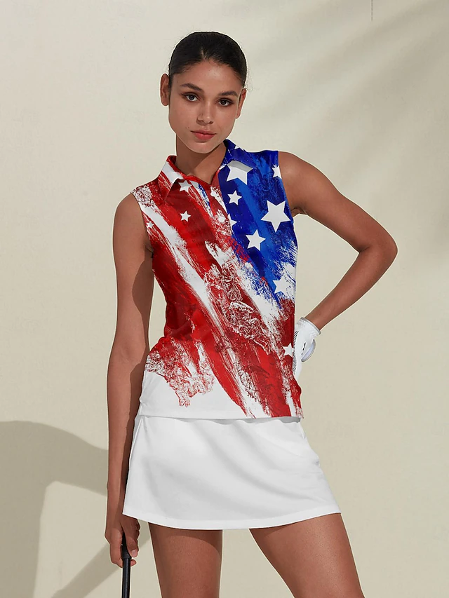 Women's Golf Polo Shirt Red Sleeveless Sun Protection Top Ladies Golf Attire Clothes Outfits Wear Apparel American Flag Golf Shirt 12