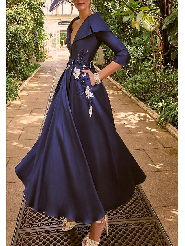  A-Line Evening Gown Elegant Dress Formal Wedding Floor Length 3/4 Length Sleeve Shirt Collar Satin with Beading Embroidery Pocket 2024