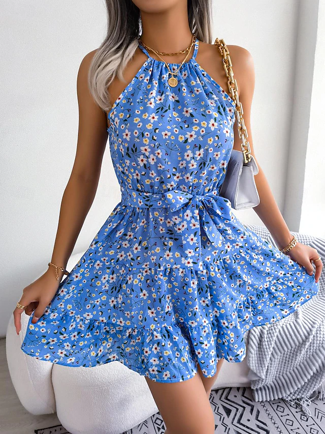 Women's Mini Dress Casual Dress Swing Dress Summer Dress Streetwear Vacation Holiday Beach Regular Fit Floral Sleeveless Halter Neck Pink Blue Purple Summer 19