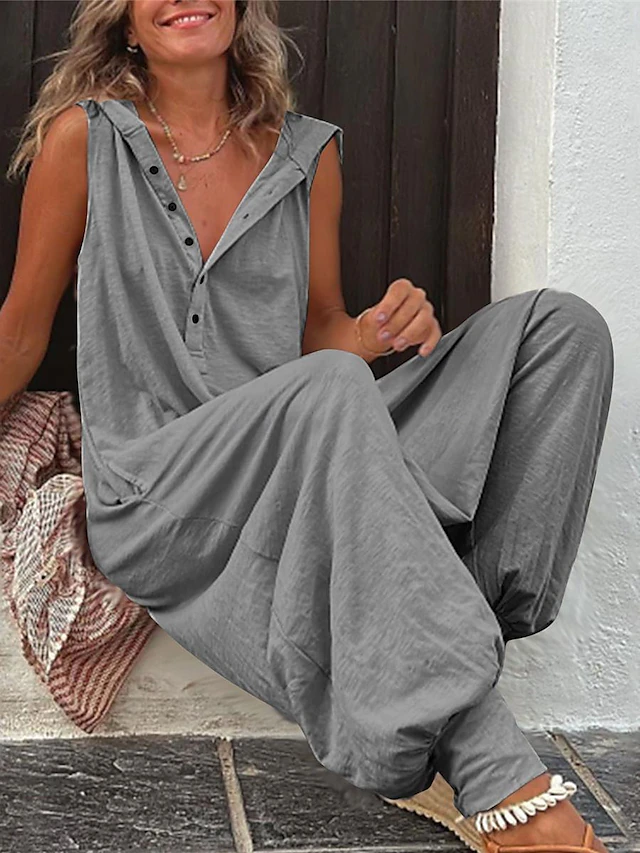 Women's Normal Jumpsuit Streetwear Solid Color Sleeveless V Neck Buttons Street Daily Regular Fit Wine Army Green Green Summer 7